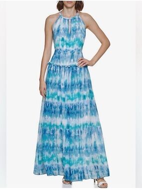 Calvin Klein Blue Tie-Dye Halter Beaded Neckline Maxi Dress - Women